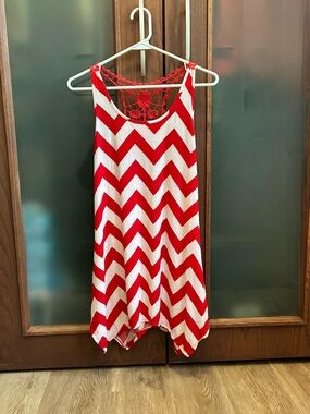 Red and White Chevron Tank with Crochet Back